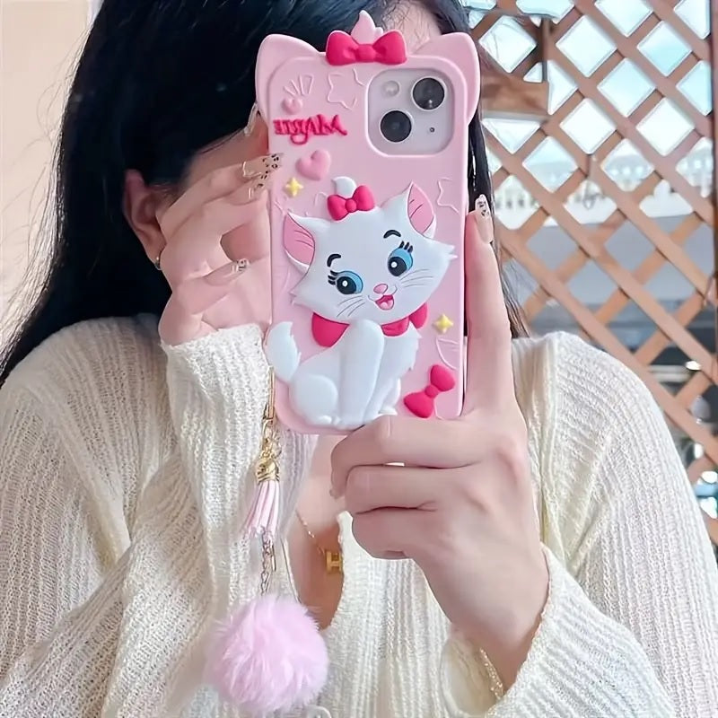 3D Marie Kitty Bow Cartoon Wrist Holder with Charm Hair Ball Furr Pendant Adorable Cat Kawaii Case