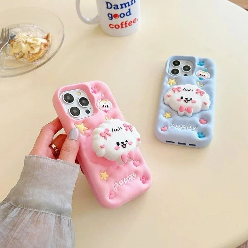 3D Puppy Knot Cartoon Dog Love Pastel Blue Phone Holder Kawaii Case