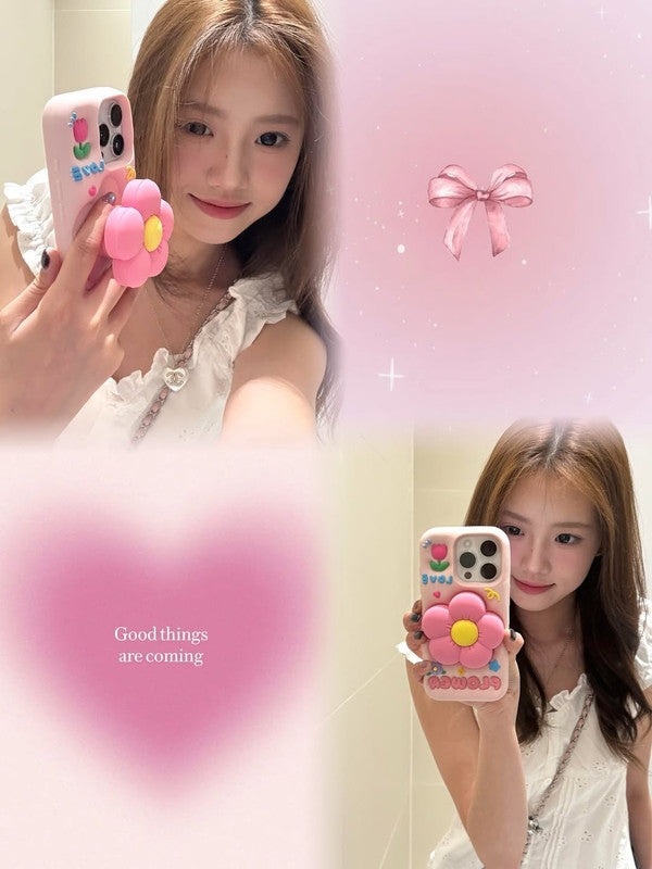 3D Flower Petal Love Cartoon Kawaii Adorable Cute Lovely Kitty Pink Floral Pop Case with Holder