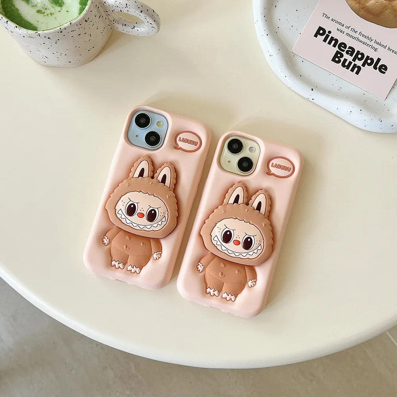 3D Labubu Cartoon Cute Plush Love Cream Brown Phone Holder Plush Pop Aesthetic Case
