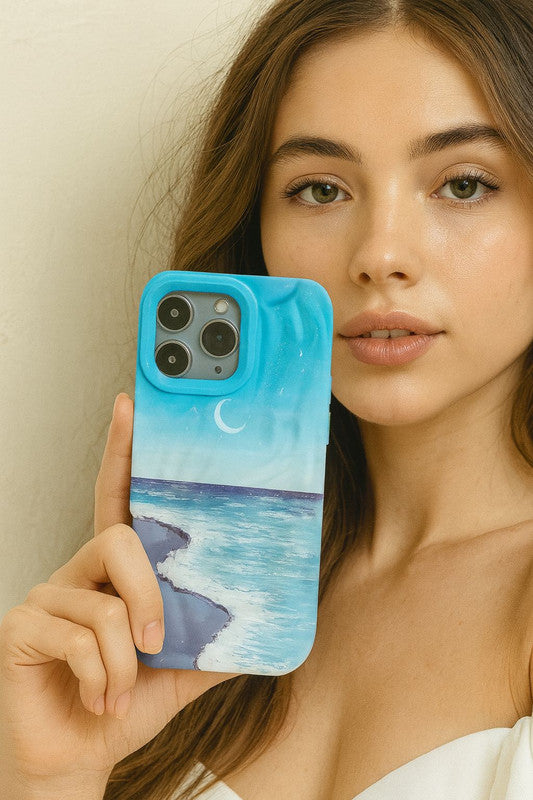 Aesthetic Ocean Wave Sky Design Luxury Texture Trendy Retro Cute Blue Sea Moonlight 3D Wrinkle Case
