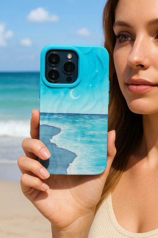 Aesthetic Ocean Wave Sky Design Luxury Texture Trendy Retro Cute Blue Sea Moonlight 3D Wrinkle Case