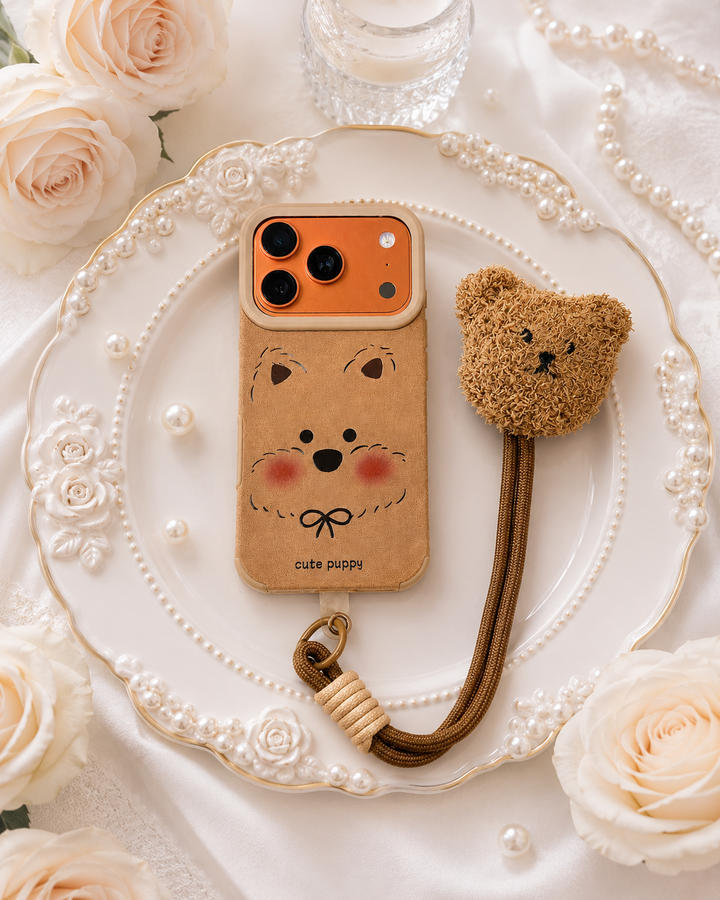 Leather Texture Cartoon Doll Teddy Bear Phone Case with Plush Teddy Lanyard Wrist Strap Puppy Face Brown Cover