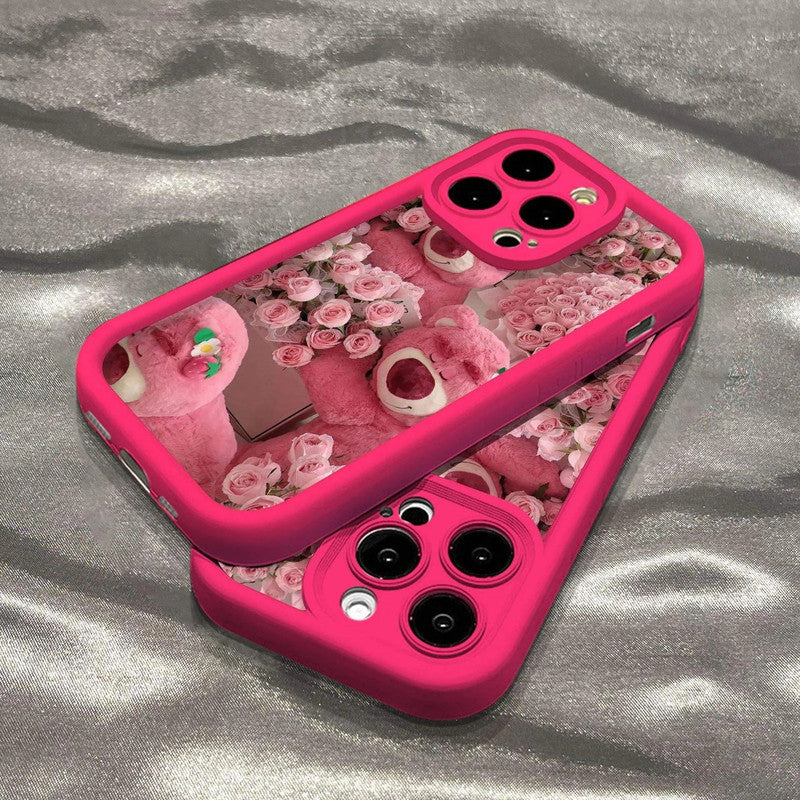 Hot 3D Rose Bear Strawberry Teddy Flower Aesthetic Pattern Case - Pink
