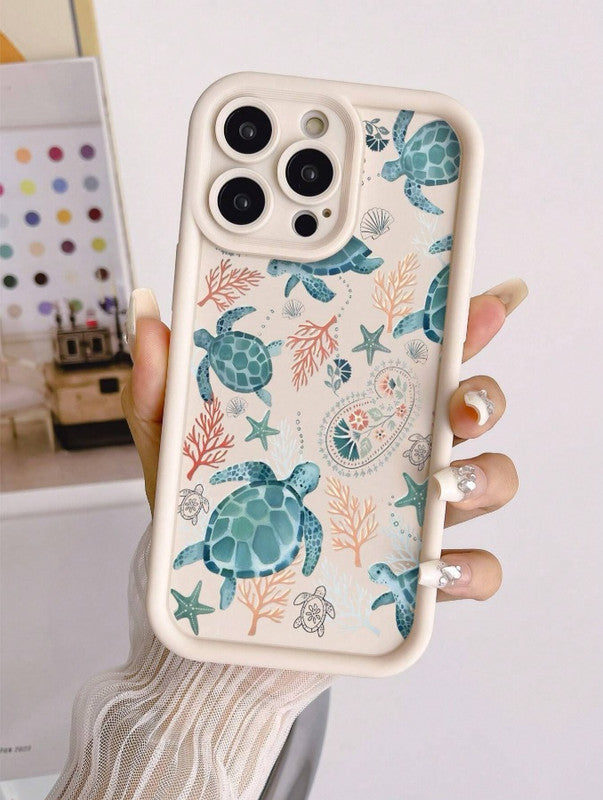 Sea Turtle Hot 3D Turtle Painting Concave Seaweed Coral Beach Cute Print Fashion Phone Case (Beige)