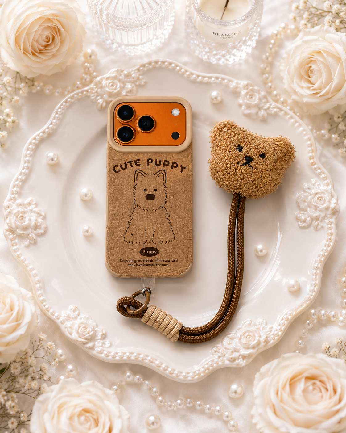 Cartoon Doll Teddy Bear Phone Case with Plush Teddy Lanyard Cute Puppy Dog Brown Wrist Strap Cover