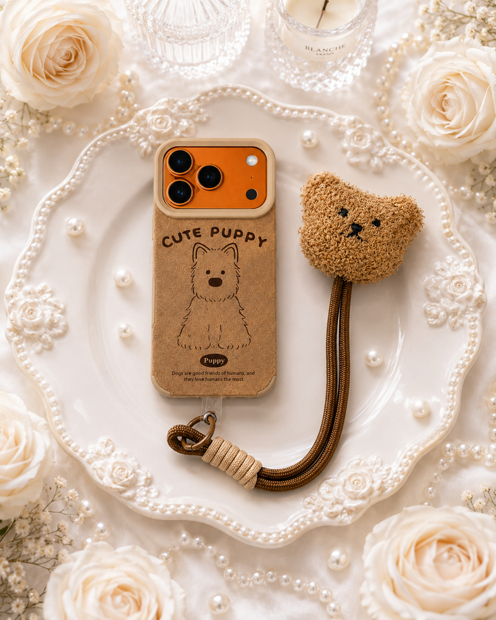 Cartoon Doll Teddy Bear Phone Case with Plush Teddy Lanyard Cute Puppy Dog Brown Wrist Strap Cover