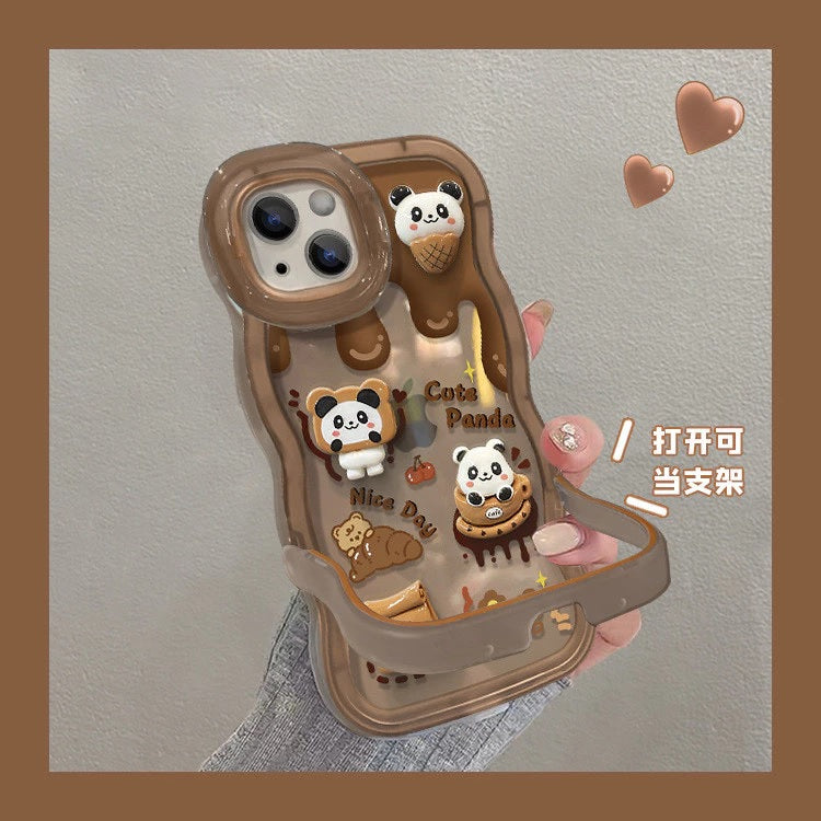 3D Cute Bear Panda Cartoon Chocolate Coffee Wave Curly Invisible Double Phone Stand Holder