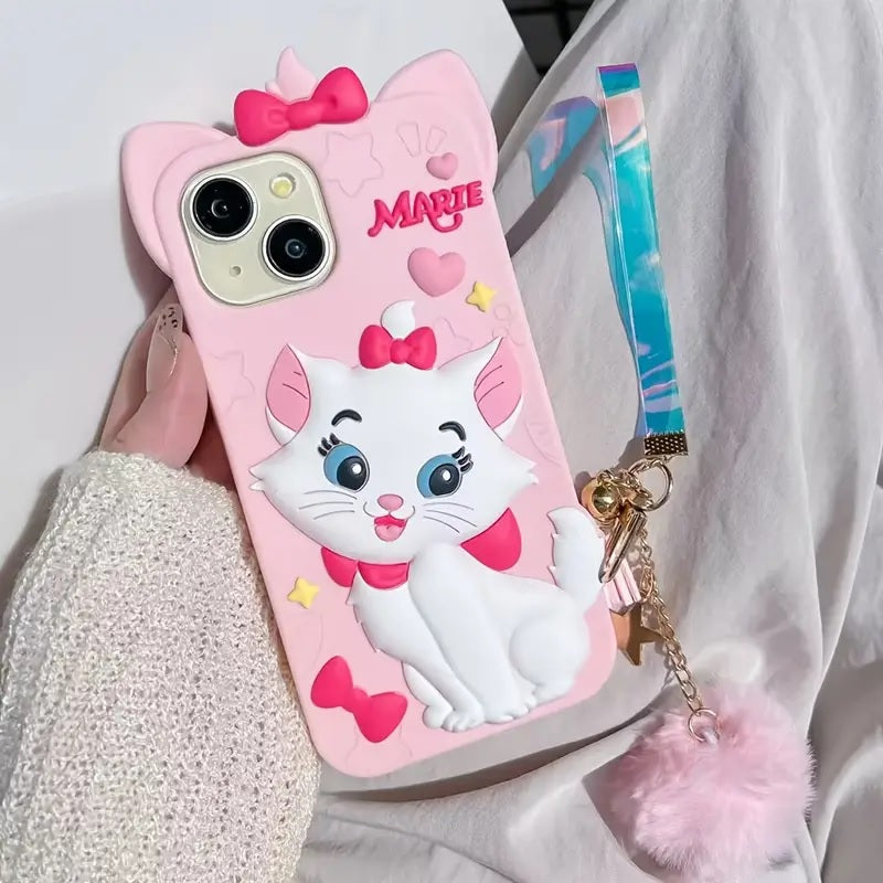 3D Marie Kitty Bow Cartoon Wrist Holder with Charm Hair Ball Furr Pendant Adorable Cat Kawaii Case