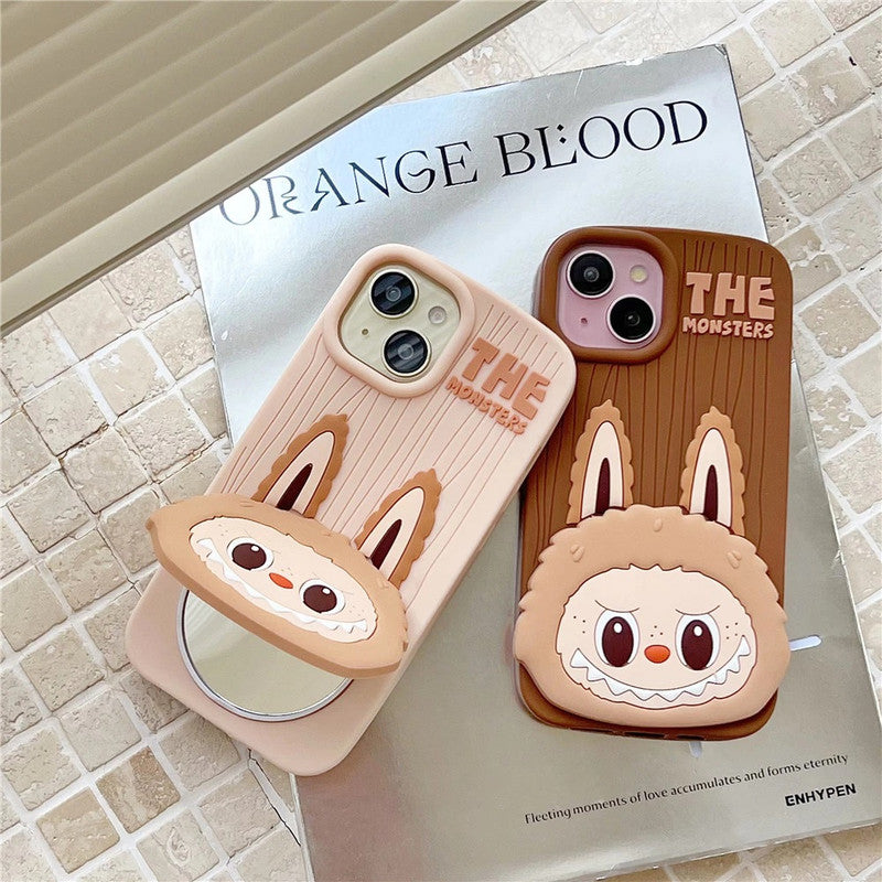 3D The Monster Labubu Mirror Cartoon Phone Holder Stand Makeup Brown Case