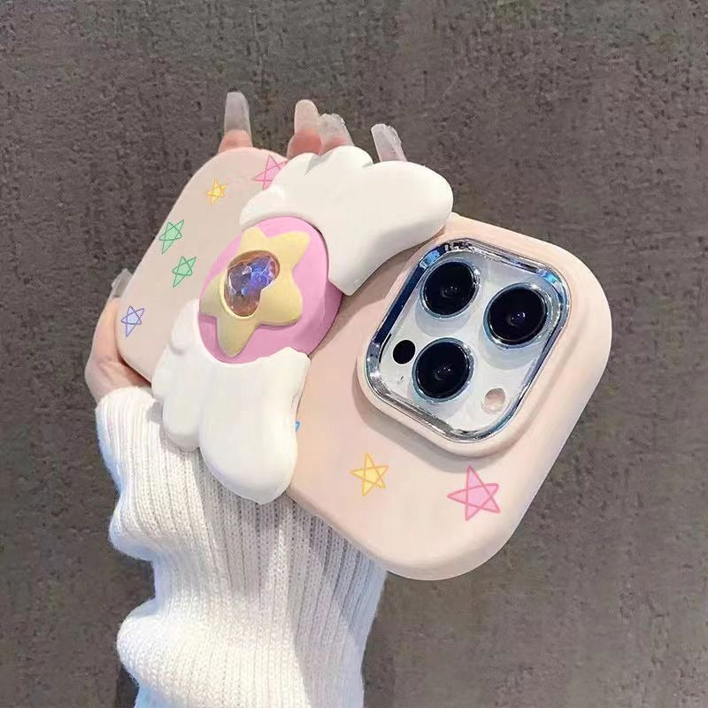 3D Cute Magical Fairy Angel Wings Folding fly Cartoon Magic Stars Heart Shaped Diamond Phone Stand Holder Case