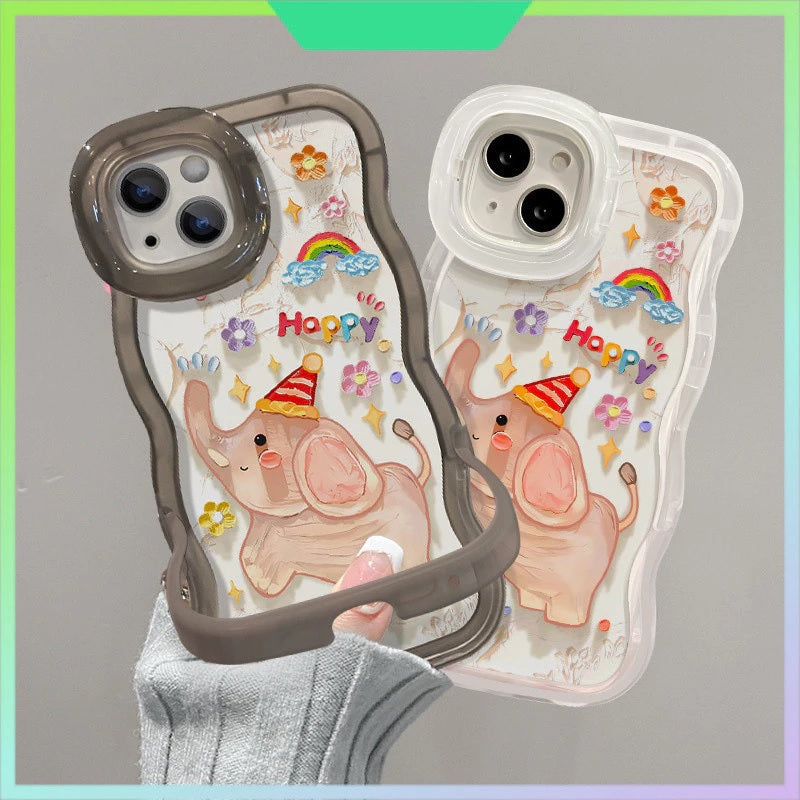 3D Cute Baby Elephant Dancing Cartoon Rainbow Star Floral Wave Curly Invisible Double Phone Stand Holder