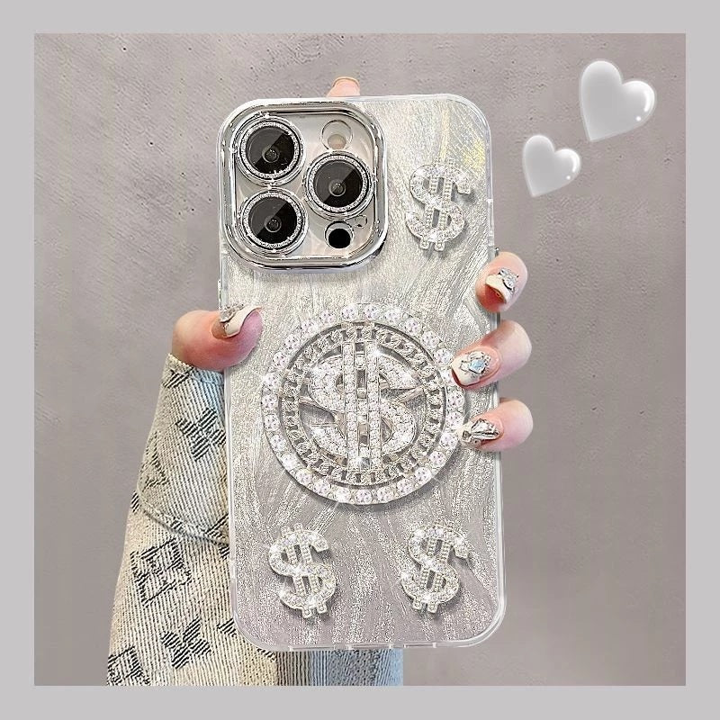 3D Dollar Rotation Spinner Lens Glitter Diamond Silver Dream Casino Money Game Play Case