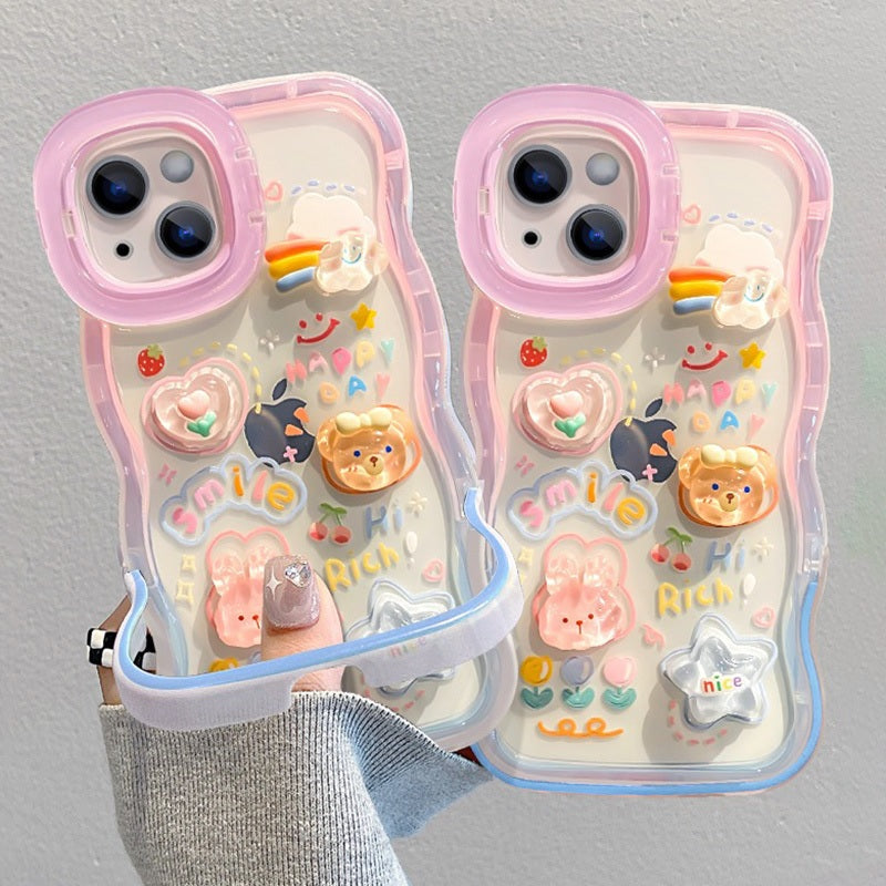 3D Cute Creative Bear Flower Cartoon Rabbit Star Floral Decor Wave Curly Invisible Double Phone Stand Holder