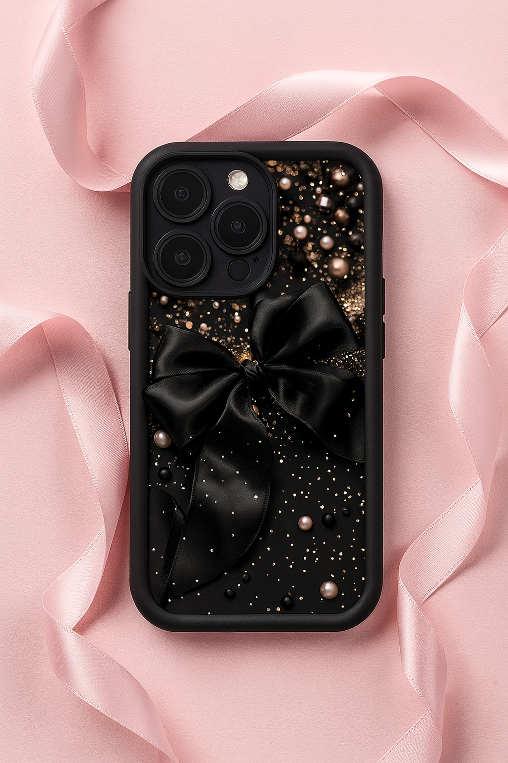 3D Hot Black Bow Glitter Minimalist Pearl Ribbon Cute Design Silicone Aesthetic Print Case