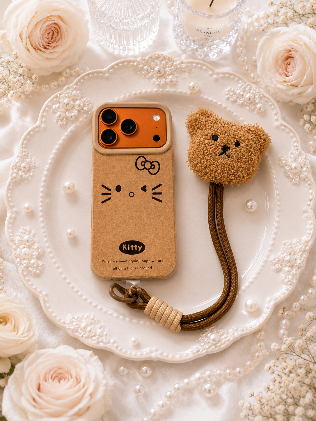 Cartoon Doll Teddy Bear Phone Case with Plush Teddy Lanyard Kitty Bow Pin Brown Wrist Strap Cover