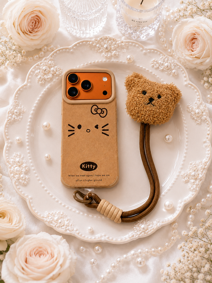 Cartoon Doll Teddy Bear Phone Case with Plush Teddy Lanyard Kitty Bow Pin Brown Wrist Strap Cover