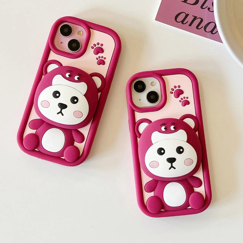 3D Strawberry Teddy Bear Makeup Mirror Cartoon Stand Case