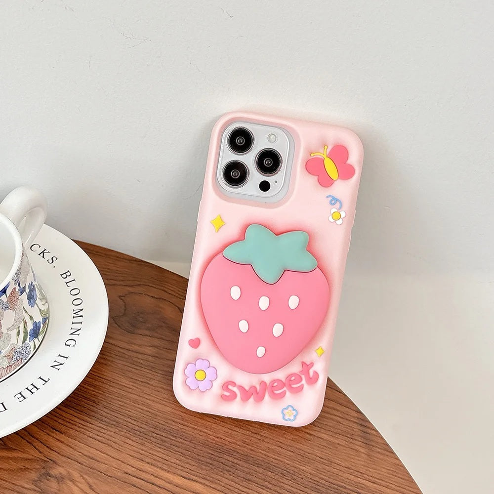 3D Strawberry Sweet Cartoon Kawaii Adorable Cute Lovely Butterfly Pink Pop Case with Holder