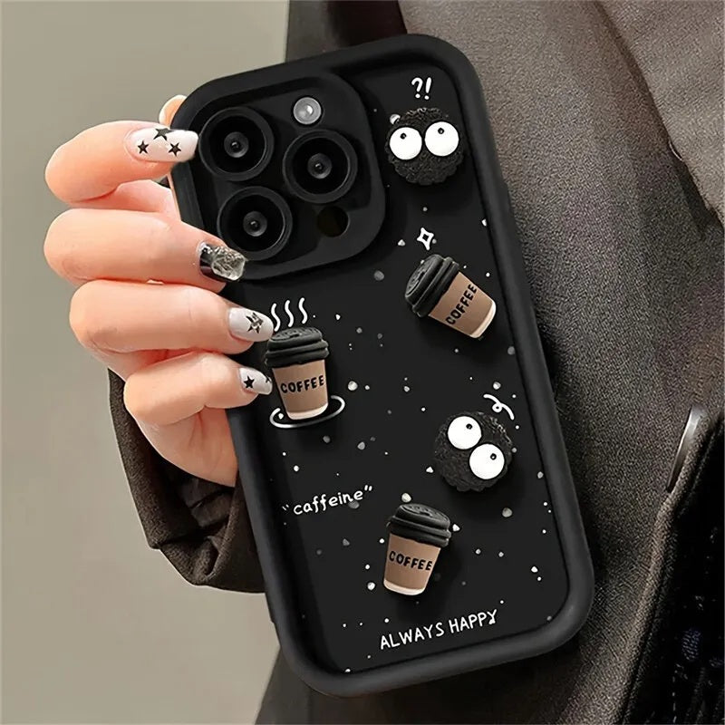 Luxury Cute Fun Cartoon Characters 3D Ball Coffee Cookies Lovers Silicone Case | Happy Black