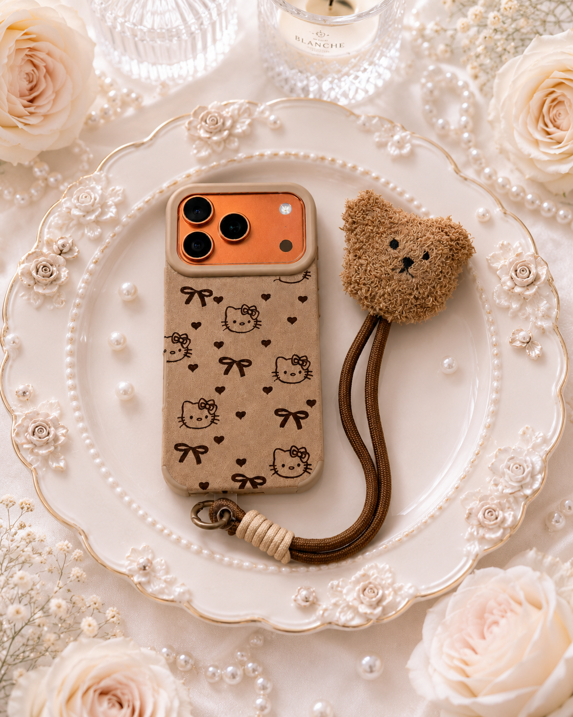 Cartoon Doll Teddy Bear Phone Case with Plush Teddy Lanyard Wrist Strap Cover