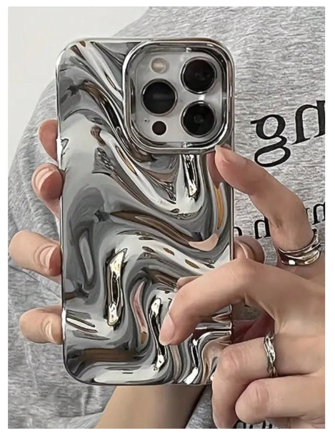 Metallic Silver Swirl Hot 3D Minimalist Faux Wave Cute Design Aesthetic Cover for Girls