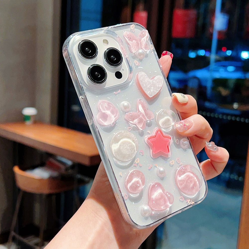 Luxury Translucent Butterfly Love Heart Resin Phone Case
