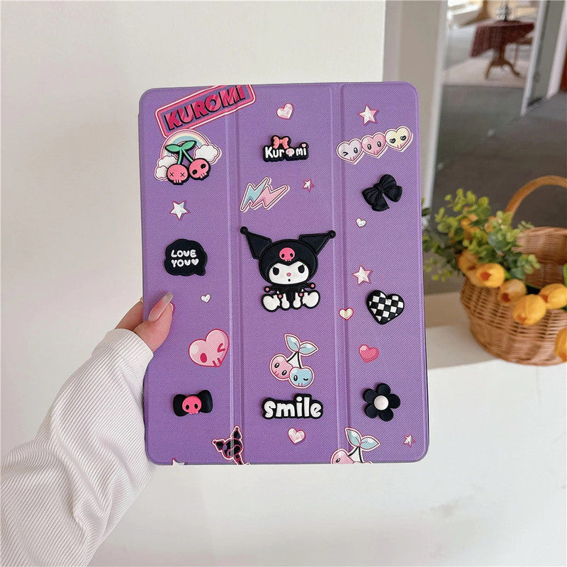 3D Cute Cartoon Kuromi Smile PU Leather Tablet iPad Flip Case,Love Auto Wake/Sleep Colorful Floral Stand with Pencil Holder Cover