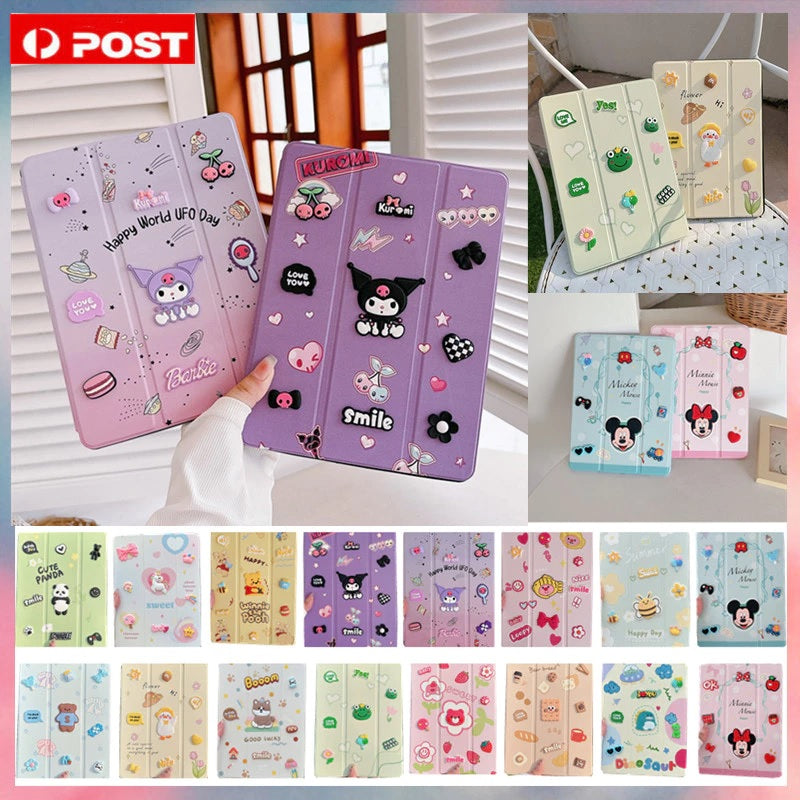 3D Cute Cartoon Mickey Happy Mouse PU Leather Tablet iPad Flip Case,Gaming Auto Wake/Sleep Colorful Floral Stand with Pencil Holder Cover