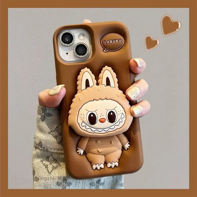 3D Labubu Cartoon Cute Plush Love Dark Brown Phone Holder Plush Pop Aesthetic Case