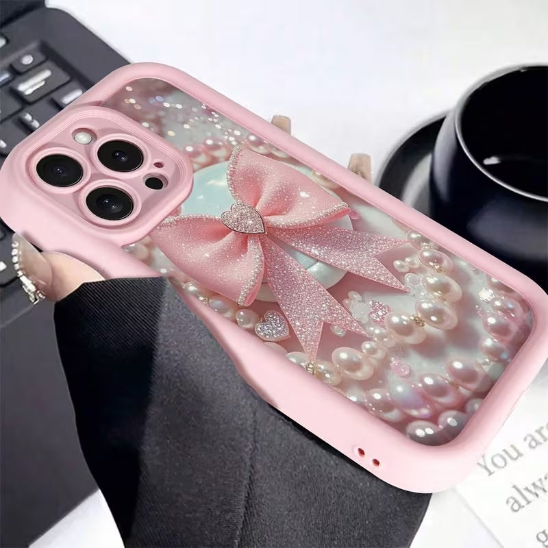 3D Hot Necklace BowKnot Pastel Pink Ribbon Bow Pearl Cute Design Silicone Aesthetic Print Case