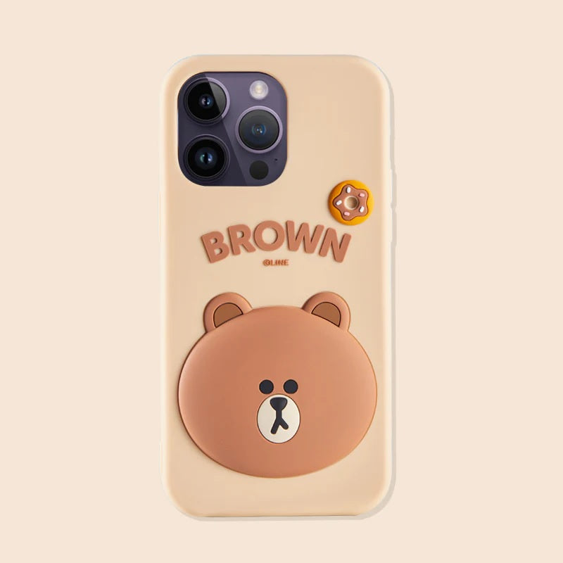 3D Cartoon Line Friends Teddy Cute Soft Silicone Grip Pop with Holder Brown Case