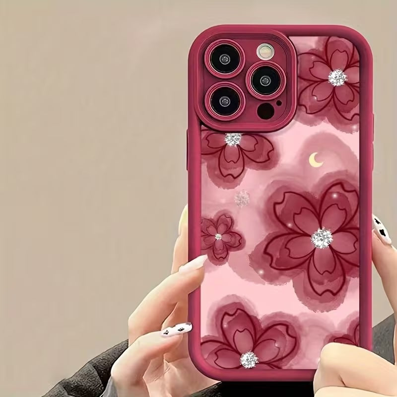 3D Hot  Red Floral Sparkle Diamond Flower Cute Design Silicone Aesthetic Print Case