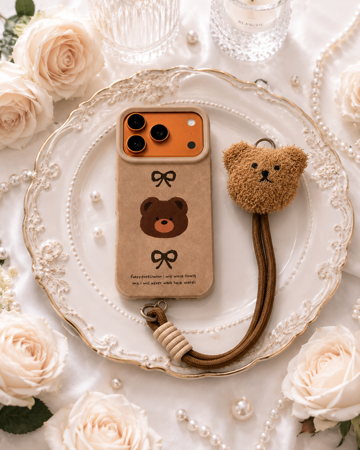 Leather Cartoon Teddy Bear Phone Case with Plush Teddy Lanyard Brown Teddy Wrist Strap Case