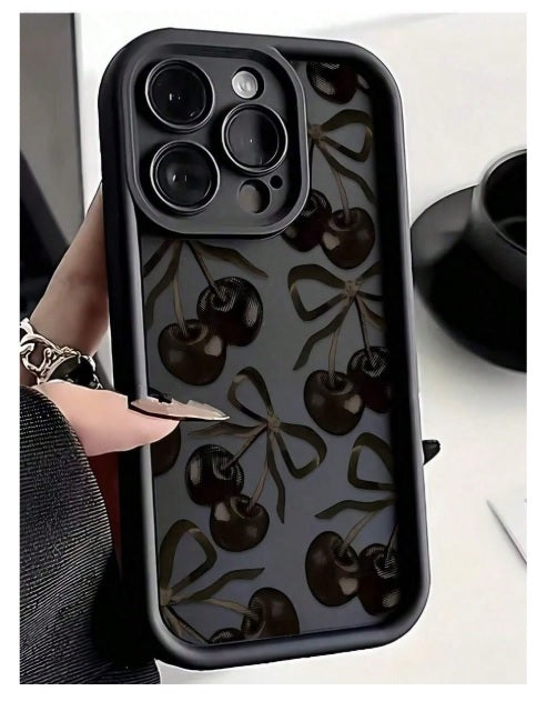 3D Cute Cherry BowKnot Back Case Cover Midnight Black Ribbon Design