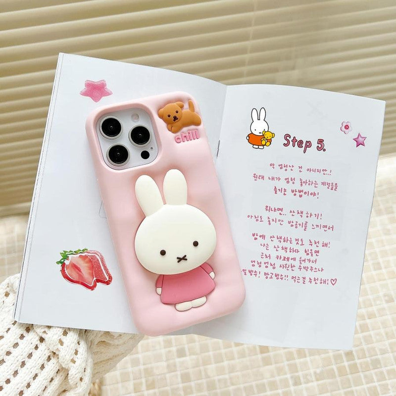 3D Miffies Bunny Cute Cartoon Kawaii Adorable Miffy Rabbit Pink Floral Pop Case with Holder