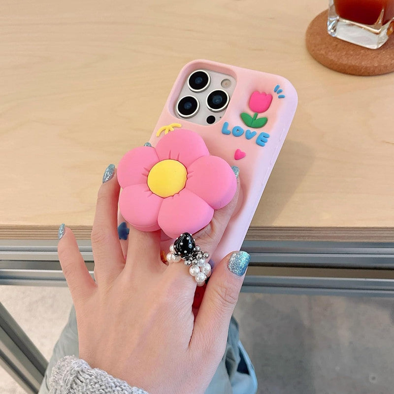 3D Flower Petal Love Cartoon Kawaii Adorable Cute Lovely Kitty Pink Floral Pop Case with Holder