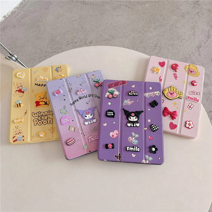 3D Cute Cartoon Kuromi Smile PU Leather Tablet iPad Flip Case,Love Auto Wake/Sleep Colorful Floral Stand with Pencil Holder Cover