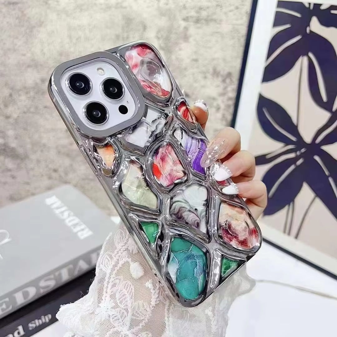 Luxury Stylish 3D Stone Texture Diamond Cut Silver Electroplating cases