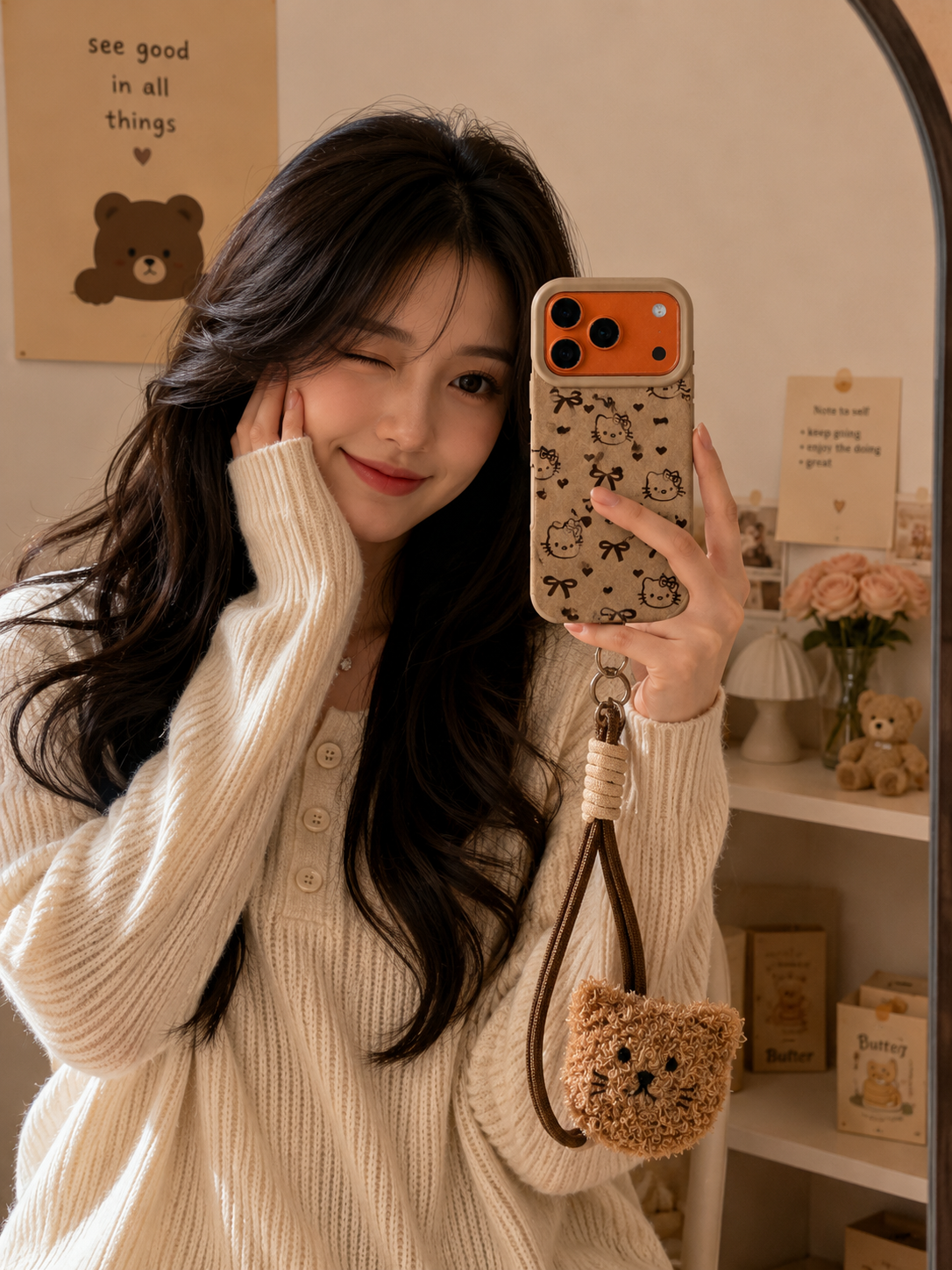 Cartoon Doll Teddy Bear Phone Case with Plush Teddy Lanyard Wrist Strap Cover