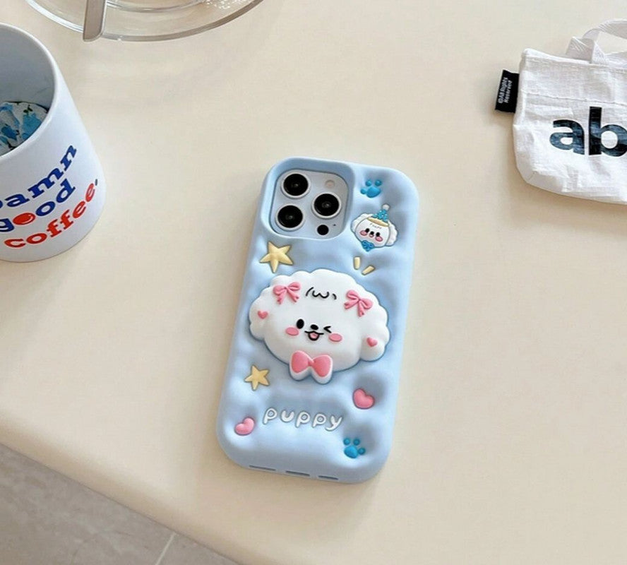 3D Puppy Knot Cartoon Dog Love Pastel Blue Phone Holder Kawaii Case