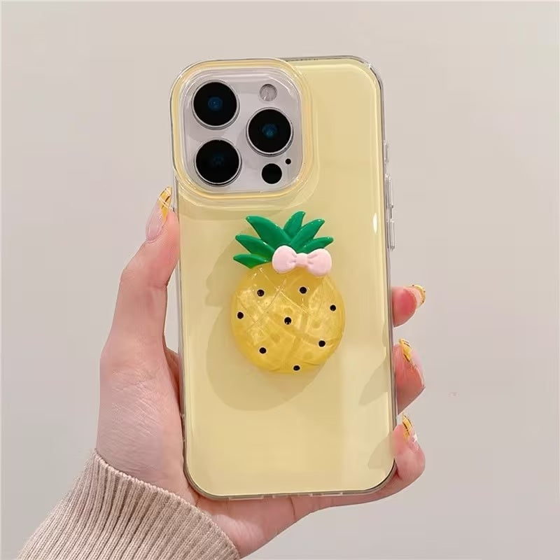 3D Yellow Pineapple Aesthetic Clay Art Soft Silicone with Pink Bow Accent for Girls & Women (Soft Sunshine & Tropical Gold)