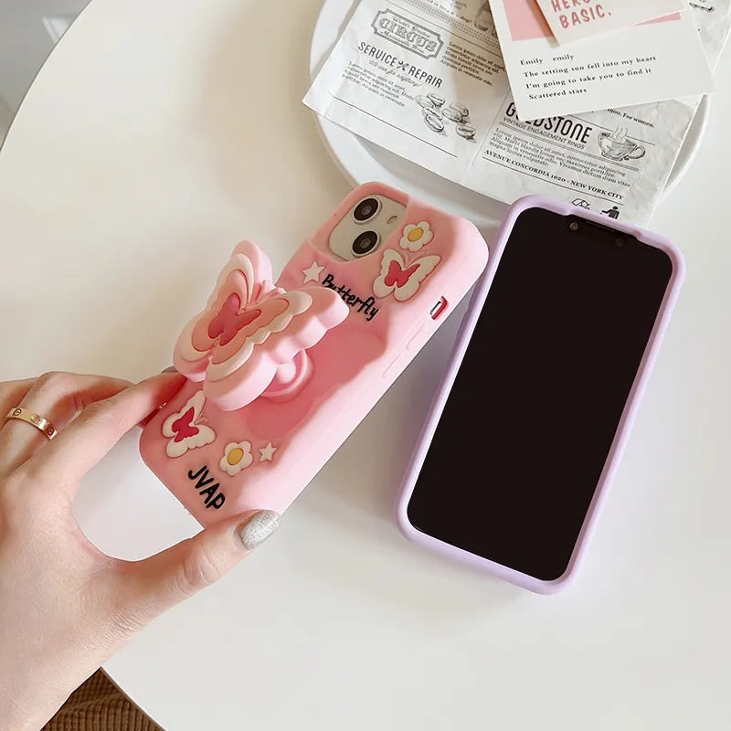 3D Cartoon Butterfly Flower Pop Stand Phone Case with Holder