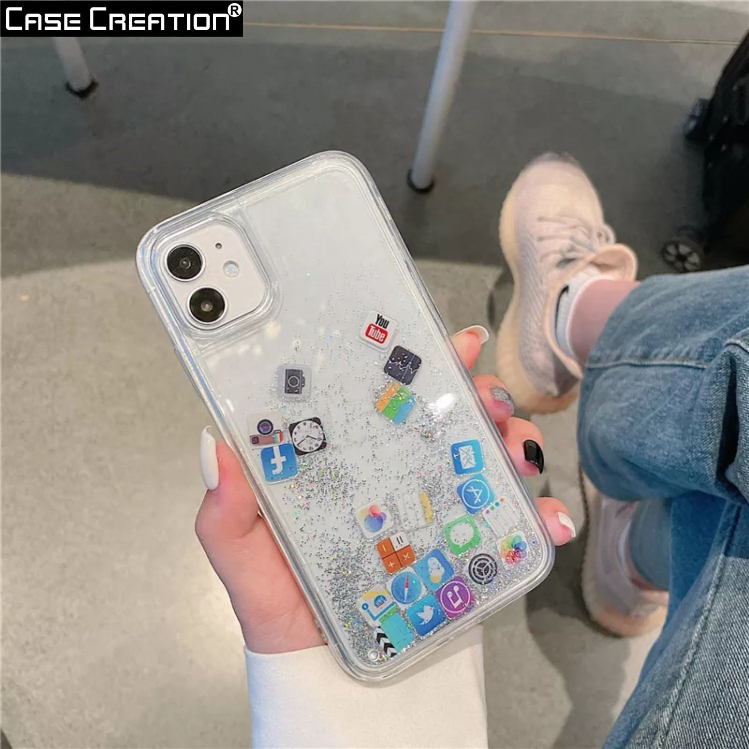 Liquid Glitter Bling Quicksand with iOS Acrylic Icon Sparkle Floating App Case