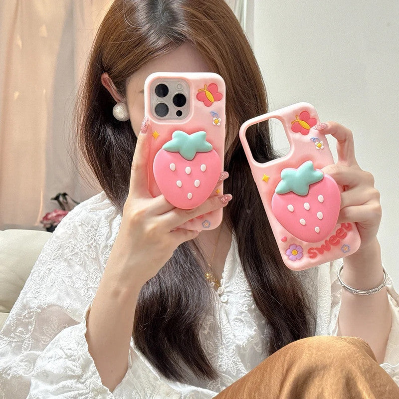 3D Strawberry Sweet Cartoon Kawaii Adorable Cute Lovely Butterfly Pink Pop Case with Holder