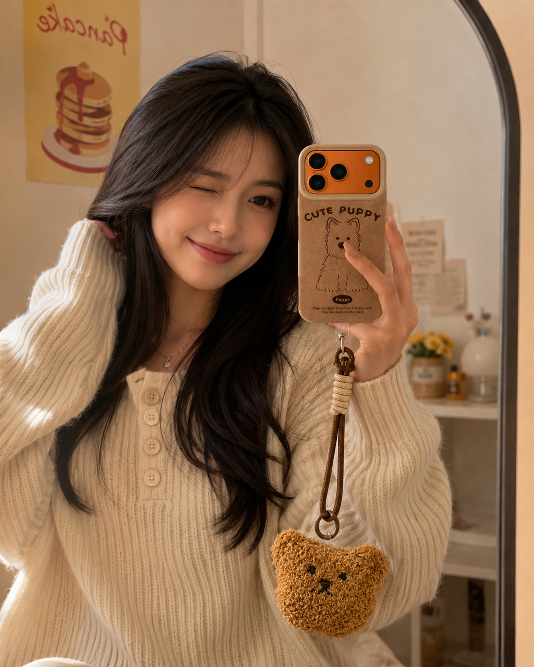 Cartoon Doll Teddy Bear Phone Case with Plush Teddy Lanyard Cute Puppy Dog Brown Wrist Strap Cover