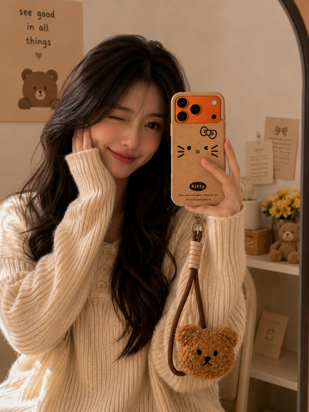 Cartoon Doll Teddy Bear Phone Case with Plush Teddy Lanyard Kitty Bow Pin Brown Wrist Strap Cover
