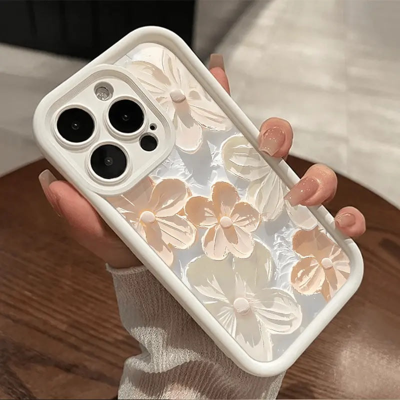 Floral Cream Hot 3D Handpainted Flower Cute Design Aesthetic Print Case - Beige