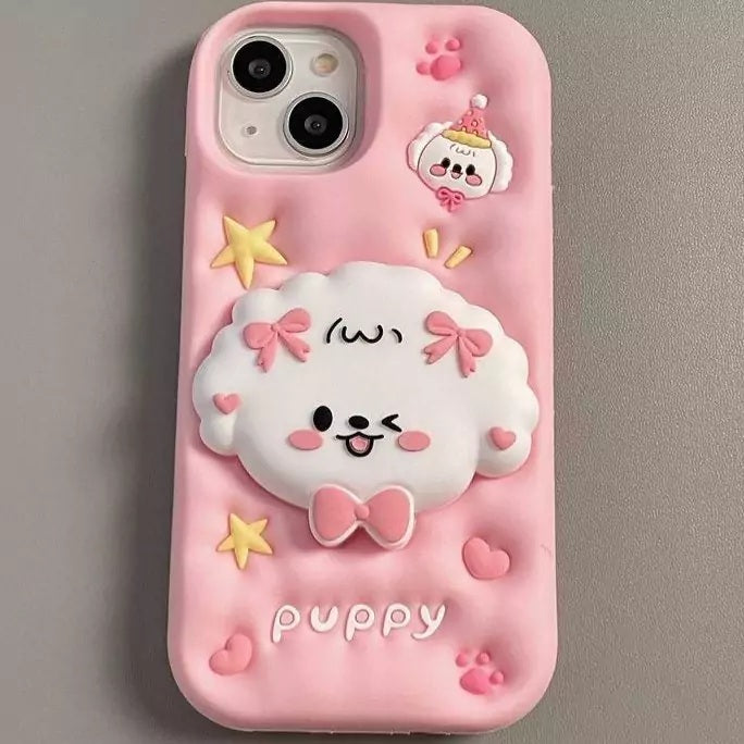 3D Puppy Knot Cartoon Dog Love Pastel Pink Phone Holder Kawaii Case