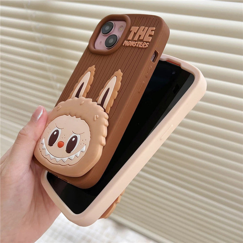 3D The Monster Labubu Mirror Cartoon Phone Holder Stand Makeup Brown Case